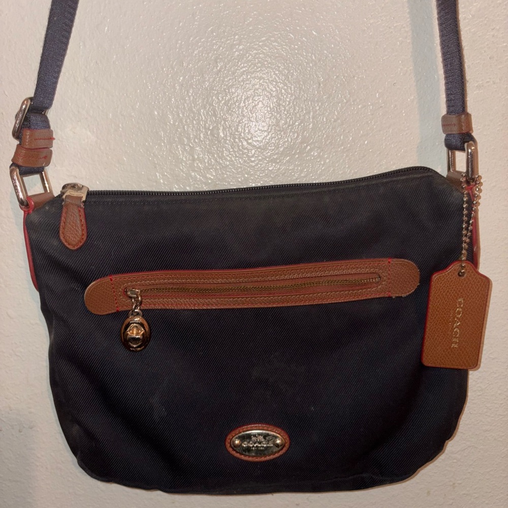 Coach Crossbody Purse – Navy Blue with Brown Leather Trim